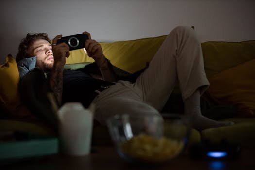A young man lounges on a sofa while playing games on a handheld device, immersed in the screen's glow.
